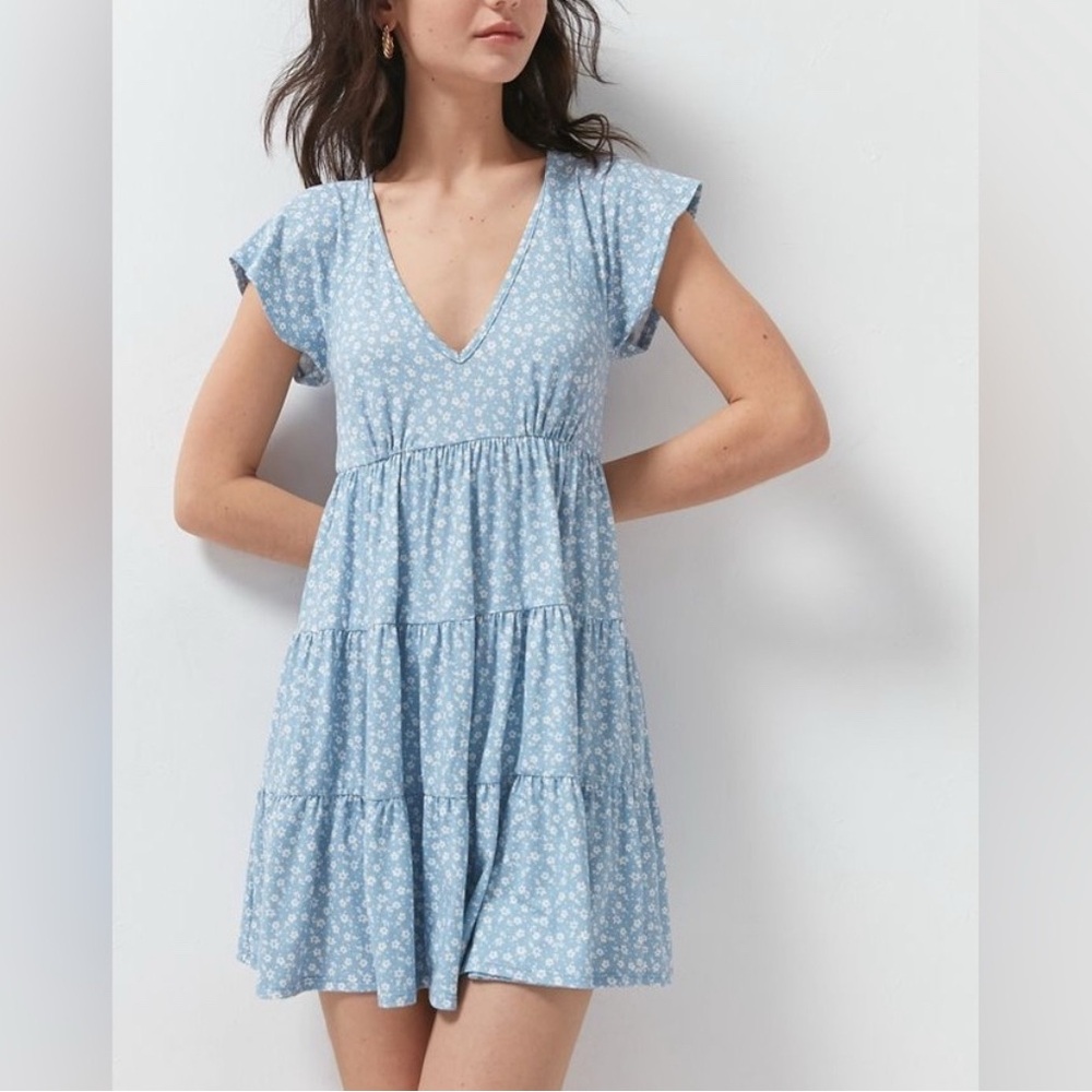 Blue Floral V-Neck Babydoll Dress